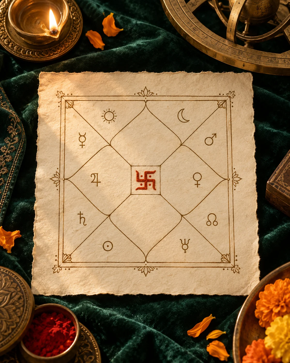 Vedic Kundli chart arranged on an emerald reading cloth