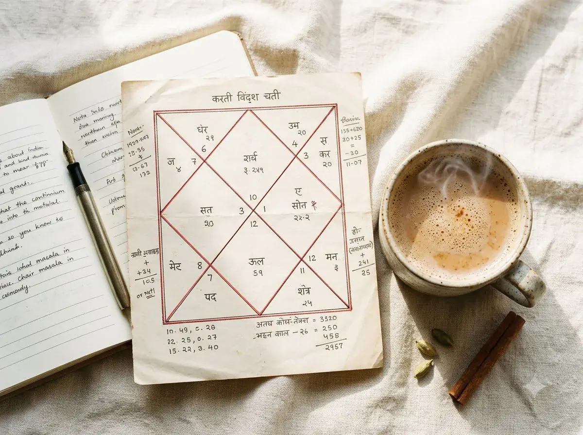 A cup of masala chai beside an open notebook and a hand-drawn kundli