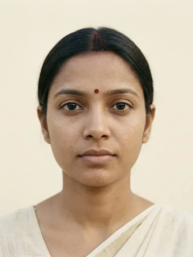 A front-facing portrait used to explain face proportions