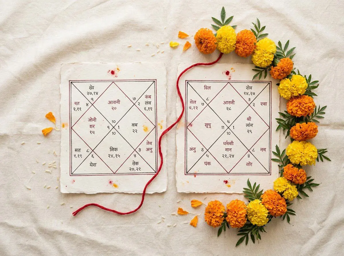 Two hand-drawn kundlis joined by a red thread