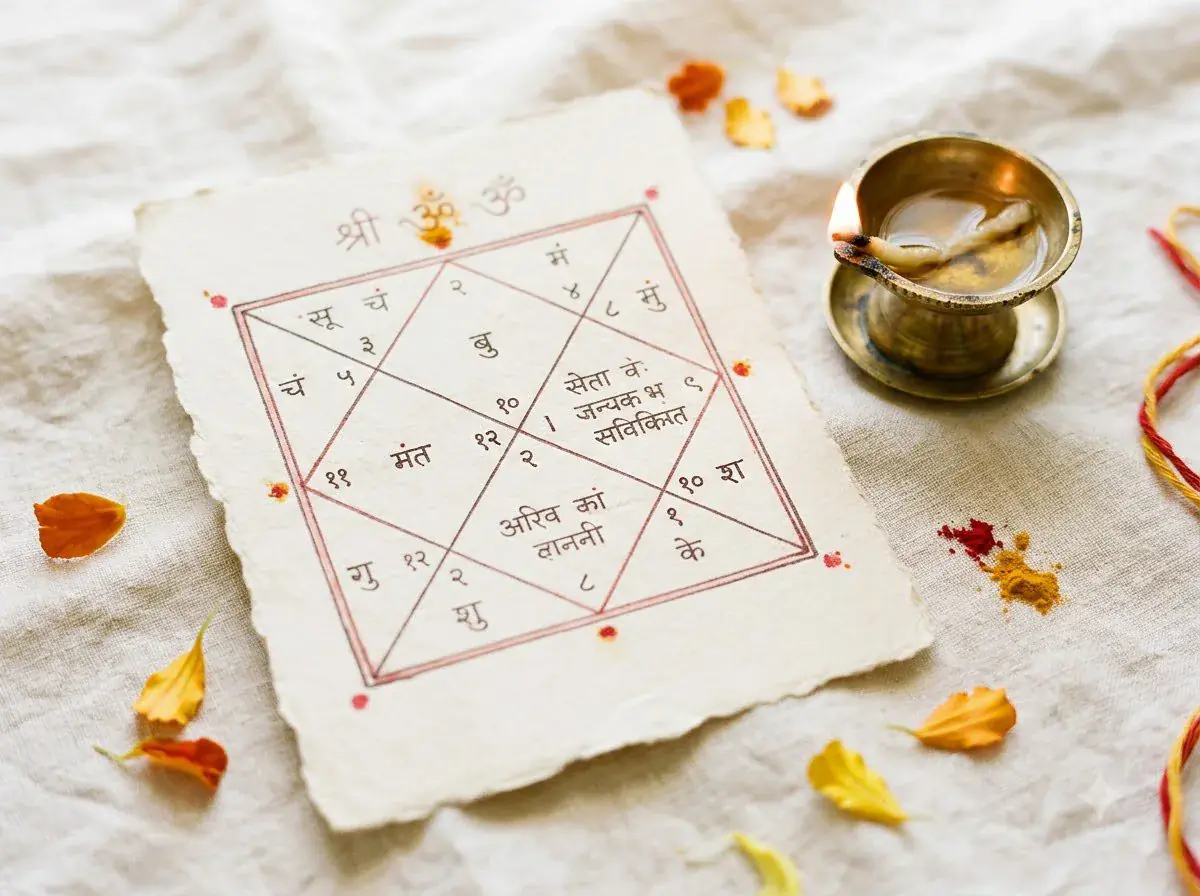 A hand-drawn kundli chart on textured paper