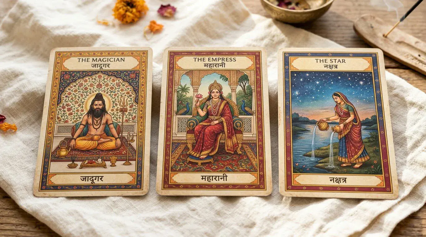 A spread of illustrated tarot cards on a cloth